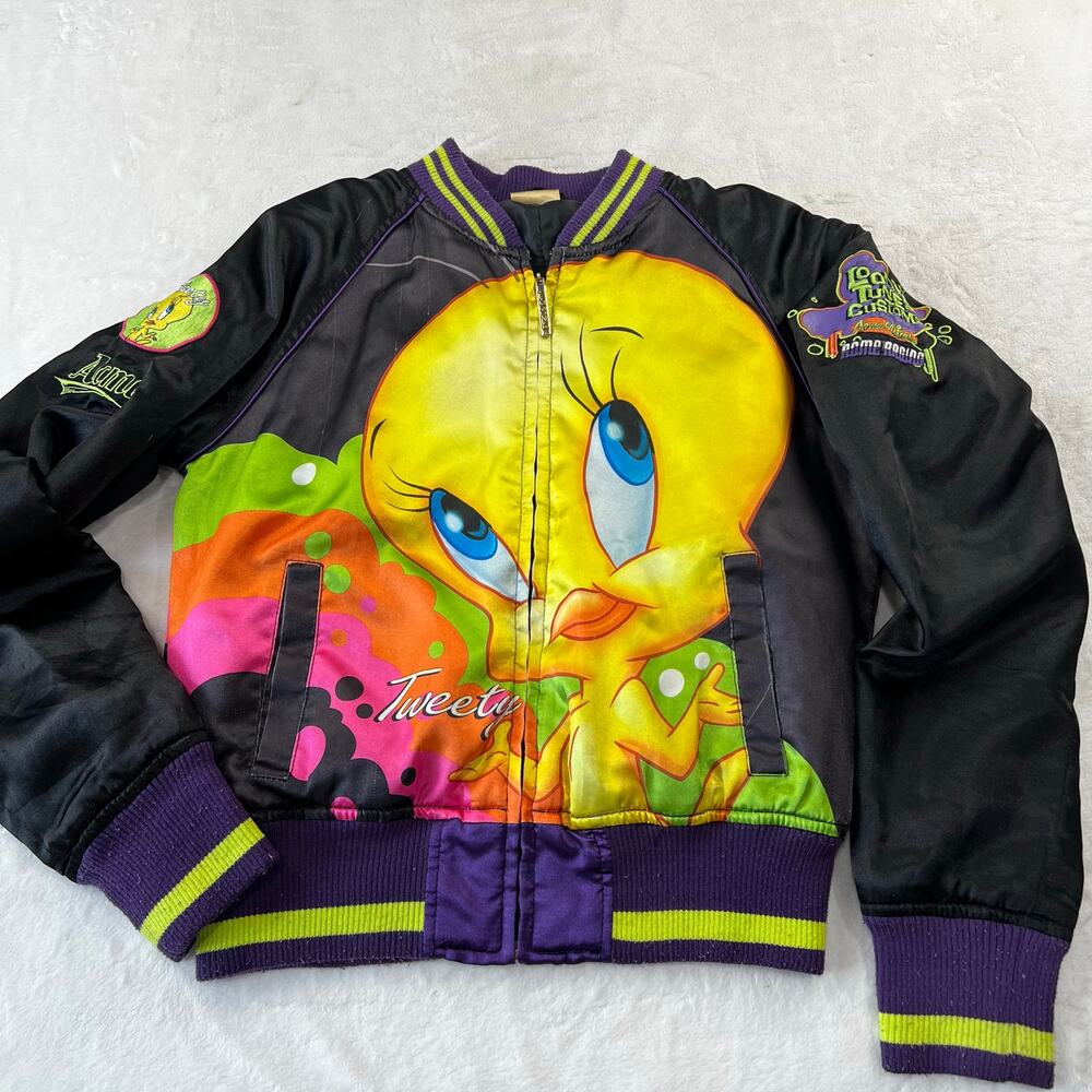 Lot 29 Tweety Bird Acme Vintage Satin Bomber Jacket Kids size Medium Y2K